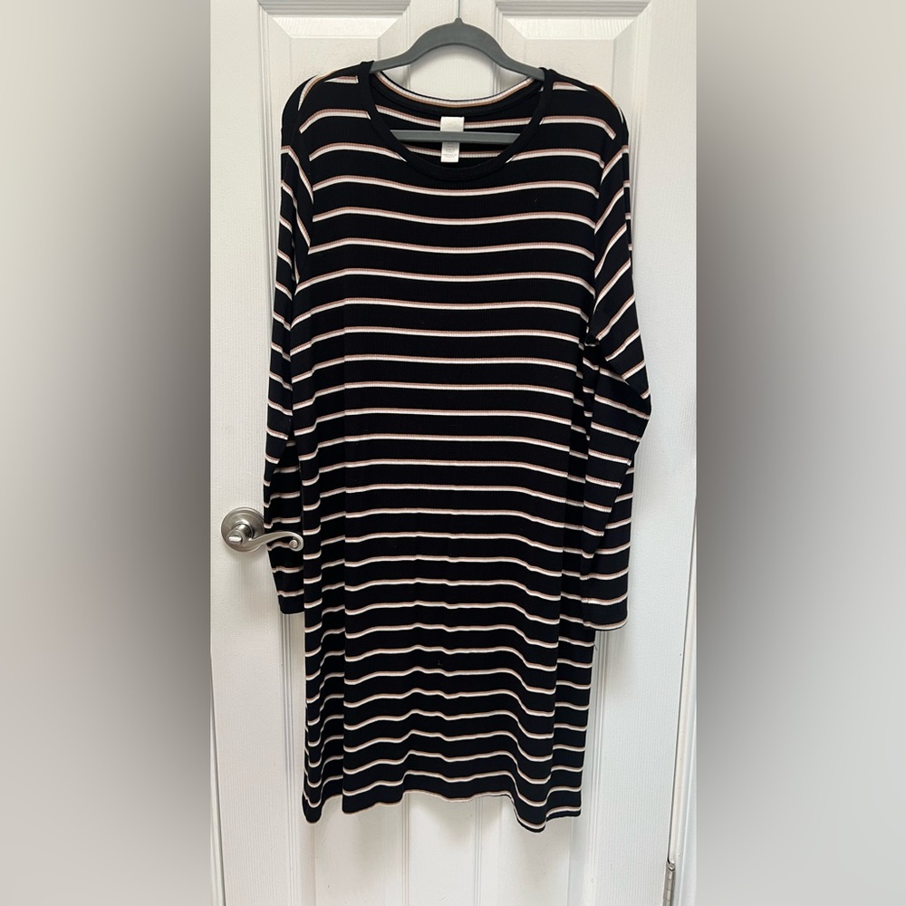 H & M Black & White Striped Long Sleeve Dress Size XL
